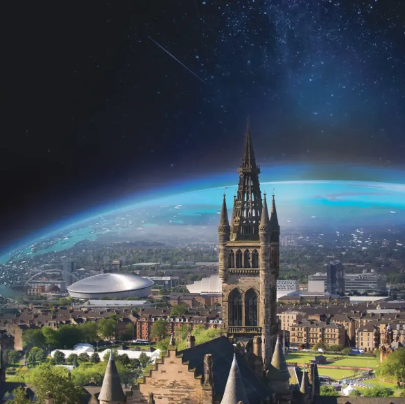 Glasgow skyline, with Gilbert Scott Building in the forefront, and globe towards back of image